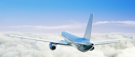 Airplane flying in the sky. Travel concept. 3d rendering