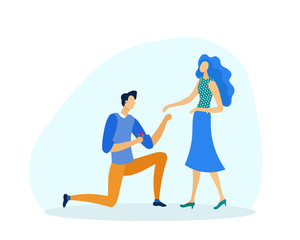 Man on Knee Making Marriage Proposal to Woman Outdoor Flat Cartoon Vector Illustration. Boy in Love Giving Ring to Girl. Happy Couple Getting ready for Wedding. Engagement and Love Relationship.