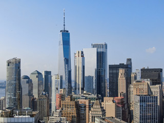 Fototapeta na wymiar New York downtown skyline from battery park in sunny day, aerial photography
