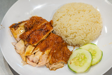Plate of Hai Nan roasted chicken rice- Singapore famous cuisine