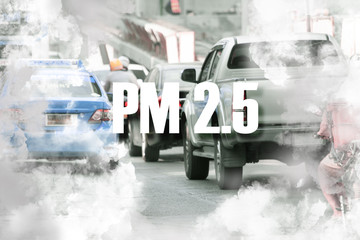 Cityscape with bad air pollution viruses along the road. PM2.5 concept.