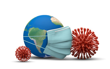 South America covered with a protective mask. Coronavirus outbreak. 3D Render
