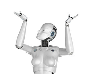 Obraz na płótnie Canvas Female cyborg open hand above shoulder