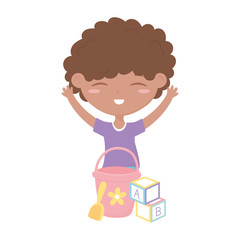 kids zone, cute little boy with bucket shovel and blocks toys