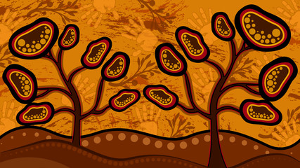 Tree on the hill, Aboriginal art vector painting depicting nature