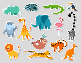 Cute cartoon animals stickers. Set of wild characters. Flat vector illustration.