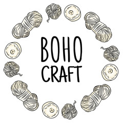 Boho craft logo. Cotton yarn doodles in wreath composition. Handmade logo design. Hand drawn cute cartoon image