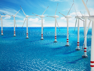 Wind turbines on the sea. 3D illustration