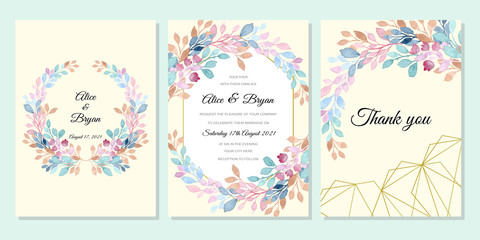wedding invitation card with soft watercolor leaves