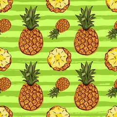 Pineapple tropics seamless pattern, Hand-drawn pineapple fruits and halves of pineapples on a striped background. Watercolor stylization, Vector illustration