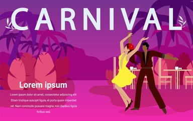 Man and Woman Dance Ballroom Dances at Carnival. Dancers Dance Incendiary Dances. Brazilian Dance Festival. Night Party. Country Cult.People Have Fun. Vector Illustration. Advertising Image with Text.