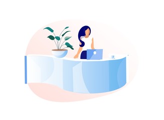 Young Woman Receptionist Stand Behind of Desk with Laptop Isolated on White Background, Girl Administrator in Hotel, Office Secretary, Hospitality in Public Place, Cartoon Flat Vector Illustration