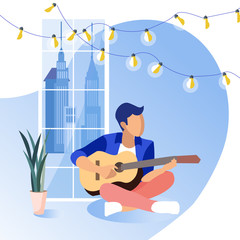Obraz premium Young Guy Sitting on Floor Playing Guitar on Background Big Window. Coworking Center. Hobby Young People. Vector Illustration. Time Rest. Presentation New Song. Modern Interior Room.