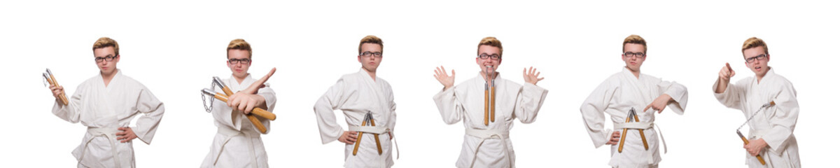 Funny karate fighter with nunchucks on white