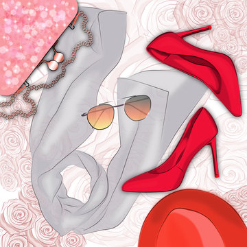Fashion flat illustration with the image of fashionable and bright clothes - high-heeled shoes, a chiffon scarf, sunglasses and a bag with rhinestones. 