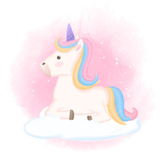 Cute unicorn sitting on cloud hand drawn animal watercolor illustration