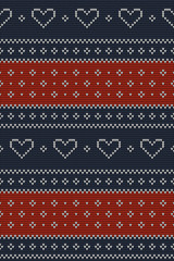 Christmas pattern. Knitted stripes seamless texture with hearts in dark blue, red, and white for festive winter scarf, top, hat, mittens, socks, or other modern holiday textile design.
