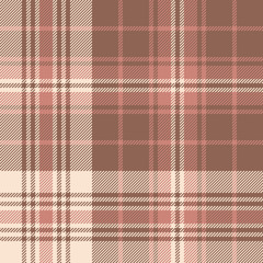 Plaid pattern seamless vector texture. Woven pixel tartan check plaid background in brown, beige, and coral for flannel shirt, blanket, duvet cover, or other modern textile design.