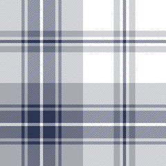 Plaid pattern background. Seamless large striped check plaid graphic in dark blue, grey, and white for flannel shirt, blanket, throw, duvet cover, or other modern fabric design.