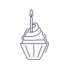 happy birthday, sweet cupcake with burning candle celebration party line style icon