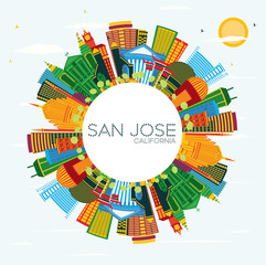 San Jose California Skyline with Color Buildings, Blue Sky and Copy Space.