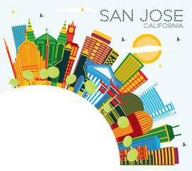 San Jose California Skyline with Color Buildings, Blue Sky and Copy Space.