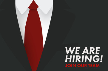 Illustration vector: Tuxedo with red tie written WE ARE HIRING.