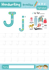 Letter J uppercase and lowercase cute children colorful ABC alphabet trace practice worksheet for kids learning English vocabulary and handwriting layout in A4 vector illustration.