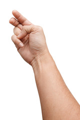 Male Asian hand gestures isolated over the white background. Grab with five fingers Action. Hook Pose.