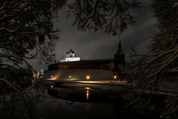Pskov Kremlin and Trinity Cathedral at night