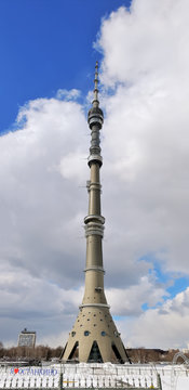 Moscow, Russia - March 28, 2018: Television tower in Moscow, in Ostankino district, the tower called "Ostankino tower". The tower is constructed in 1967, its height of 540 meters