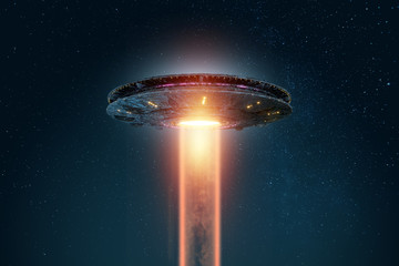 UFO, an alien plate soars in the sky, hovering motionless in the air. Unidentified flying object, alien invasion, extraterrestrial life, space travel, humanoid spaceship. 3D render, 3D illustration - obrazy, fototapety, plakaty
