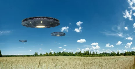 Fototapete UFO UFO, eine außerirdische Platte, die über dem Feld schwebt und regungslos in der Luft schwebt. Nicht identifiziertes Flugobjekt, außerirdische Invasion, außerirdisches Leben, Raumfahrt, humanoides Raumschiff. gemischtes Medium