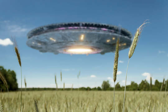 UFO, an alien plate hovering over the field, hovering motionless in the air. Unidentified flying object, alien invasion, extraterrestrial life, space travel, humanoid spaceship. mixed medium