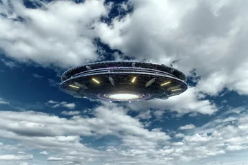Poster UFO, een buitenaardse plaat zweeft in de lucht en zweeft roerloos in de lucht. Niet-geïdentificeerd vliegend object, buitenaardse invasie, buitenaards leven, ruimtevaart, humanoïde ruimteschip. gemengd medium © Aliaksandr Marko