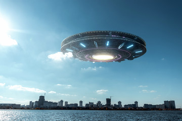 UFO, an alien plate hovering above water, hovering motionless in the air. Unidentified flying object, alien invasion, extraterrestrial life, space travel, humanoid spaceship. mixed medium © Aliaksandr Marko