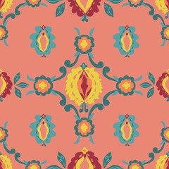 Seamless pattern with vulva and floral ornament, flat illustration