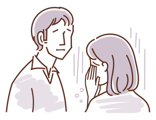 男女二人のイラスト（女性の涙）線画・セピア