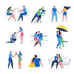 Fototapeta na wymiar Romantic couple concepts set. Relationship of woman and man. Romantic date cartoon banner. Flat Vector Illustration