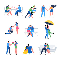 Romantic couple concepts set. Relationship of woman and man. Romantic date cartoon banner. Flat Vector Illustration