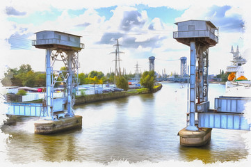 Imitation of a picture. Oil paint. Illustration. Balance-bridge on the Pregolya River