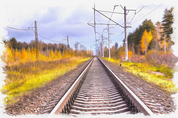 Fototapeta na wymiar Imitation of a picture. Oil paint. Illustration. Railroad. Autumn