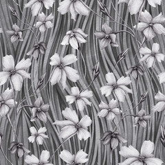 Pencil drawing floral seamless pattern. Hand drawn black and white twigs with abstract flowers and buds on wavy background. Beautiful meadow artistic background for design, textile, wallpaper.