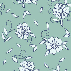 Seamless floral pattern of small decorative flowers in folk style. Botanical hand drawn illustration. Design for packaging, weddings cards, fabrics, textiles, website
