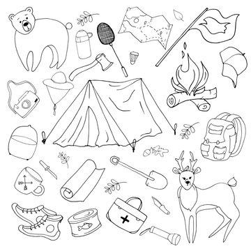 Set of black and white elements with attributes for outdoor recreation and camping with a tent. Concept of outdoor activities. The illustration is hand-drawn and isolated on a white background. Vector