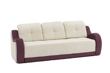 Wide view of cream and purple colored sofa