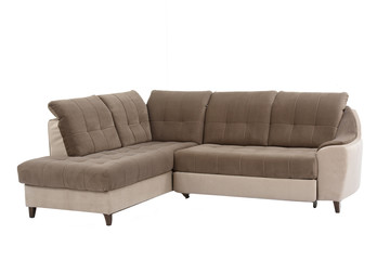 Wide view of cream and brown colored sofa