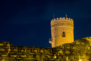 Medieval ruin of a watch tower at night with fence in the foreground