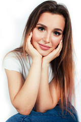 Fototapeta premium young pretty teenage hipster girl posing emotional happy smiling on white background, lifestyle people concept