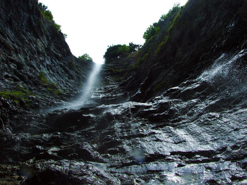 Waterfall Hochfall (Wassersturz Hochfall or Wasserfall Hochfall) in the Rhine river valley, Mainfeld - Canton of Grisons (Graub&uuml;nden or Graubuenden), Switzerland